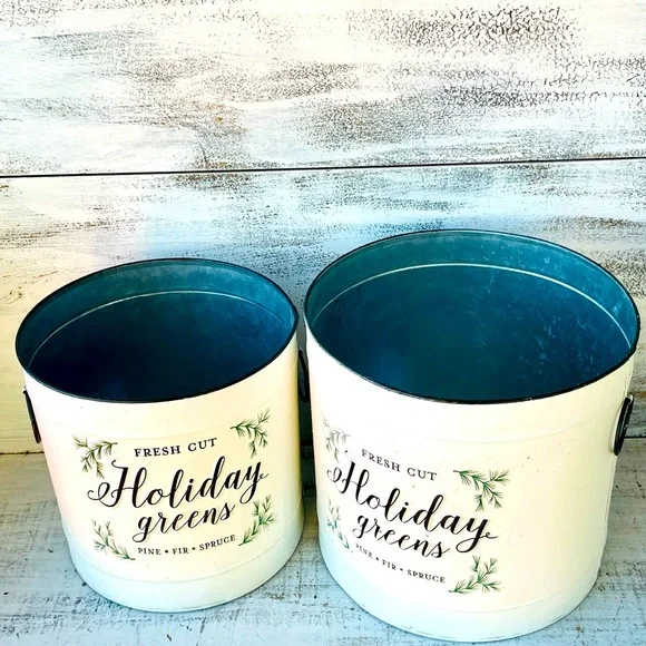 *Holiday Greens Distressed Metal Pails, Set of 2 - Picture 1 of 14